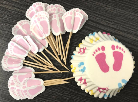 Cupcake case and pick set for baby shower with 24 cases and picks, perfect for enhancing sweet treats at your event.