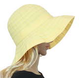 Bright lemon ribbon Breton hat with adjustable drawstring and UPF 50+ sun protection, perfect for summer outings.