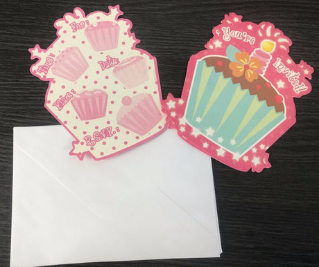 Colorful cupcake party invitations with resealable envelopes, perfect for birthdays or celebrations, set of 8.