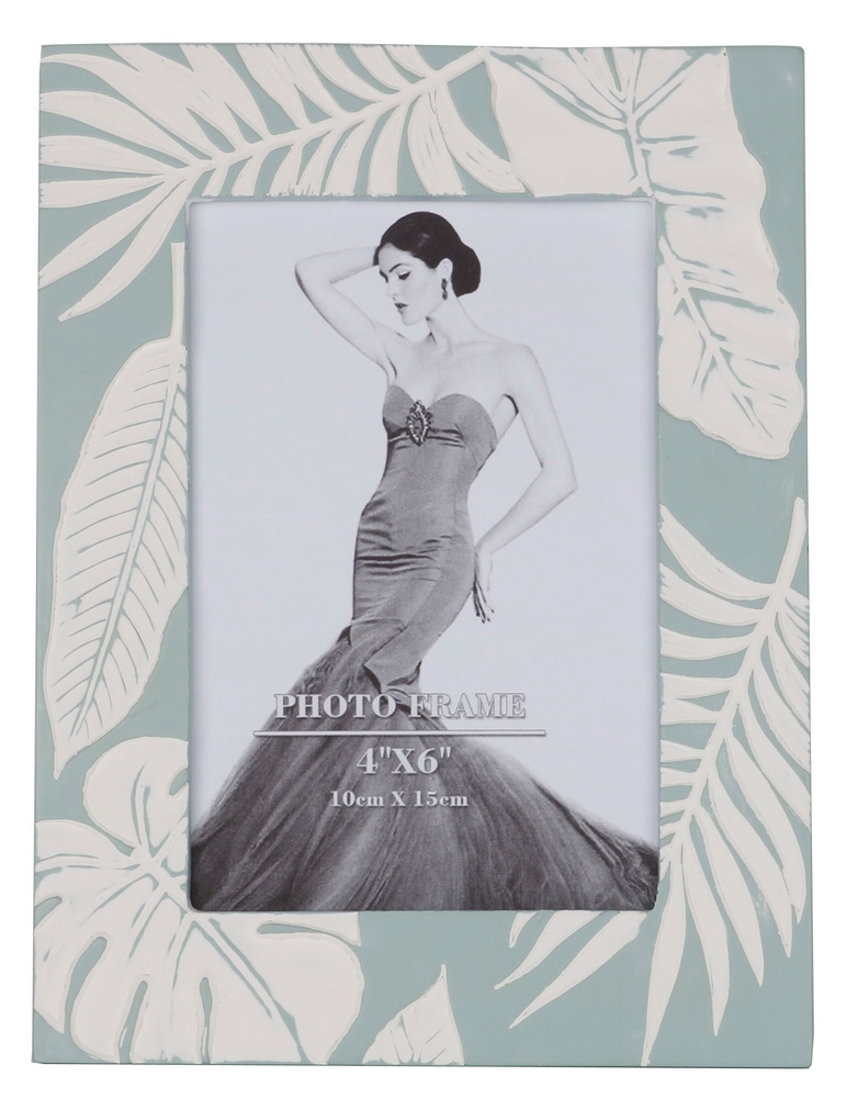 Elegant blue photo frame with leaf motifs, perfect for 4x6 inch photos, enhancing any space with nature-inspired charm.