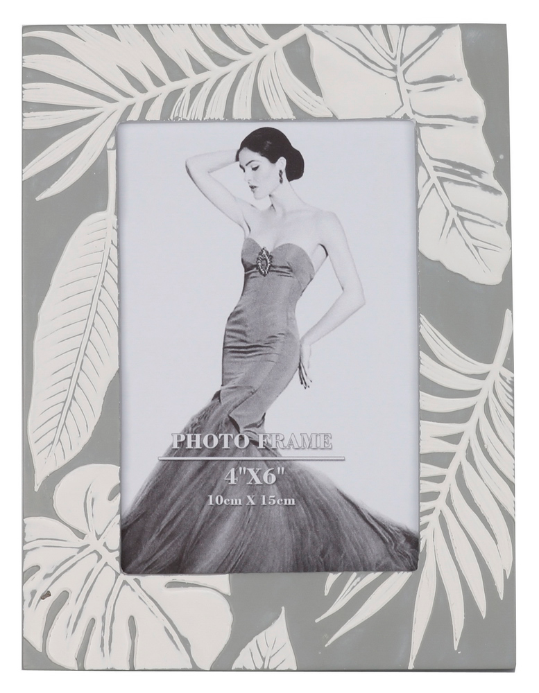 Elegant grey photo frame with large leaf motifs, holding a 4 x 6 inch photo, perfect for stylish home decor.