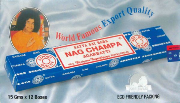 Hand-rolled Satya Nag Champa incense sticks in a 15gm pack, featuring floral and earthy aromas for relaxation and meditation.