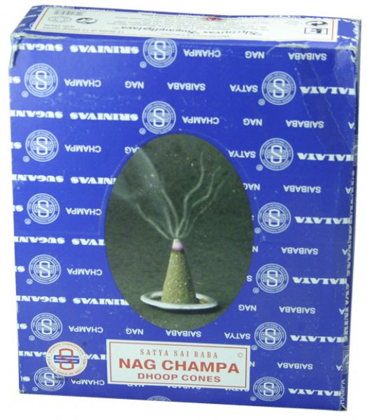 Satya Nag Champa incense cones releasing soothing aromas for meditation, yoga, and relaxation in a tranquil setting.