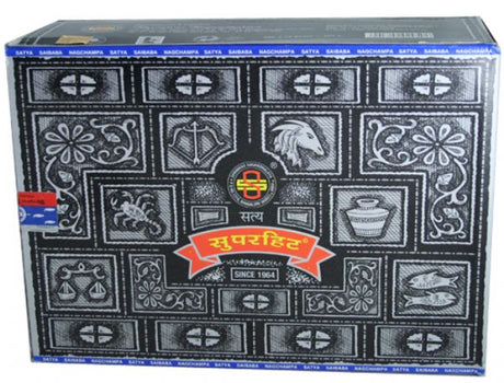 Aromatic Satya Super Hit Incense pack of 12 boxes, each stick burns for 45 minutes, made from natural herbs and oils.