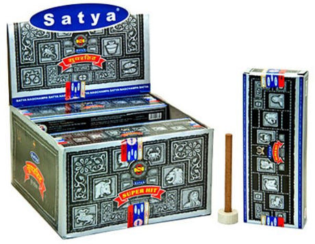 "Satya Super Hit Dhoop Sticks pack of 12, offering a calming blend of floral and earthy aromas for meditation and relaxation."