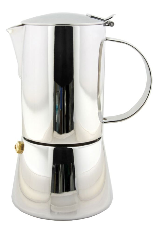 Sleek stainless steel espresso maker brews up to 10 cups; ideal for coffee lovers seeking rich, flavorful espresso.