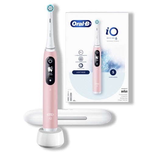 Light Rose Oral-B iO Series 6 rechargeable toothbrush with smart pressure sensor, AI guidance, and 5 personalized modes.