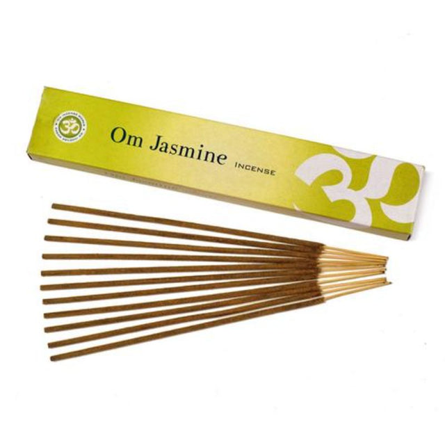 Om Jasmine Incense 15gm pack featuring natural jasmine aroma, perfect for meditation and relaxation, with a slow burn of 1 hour.