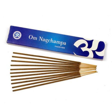 Om Nagchampa Incense 15gm pack features 12 slow-burning sticks that create a soothing, serene atmosphere for relaxation and meditation.