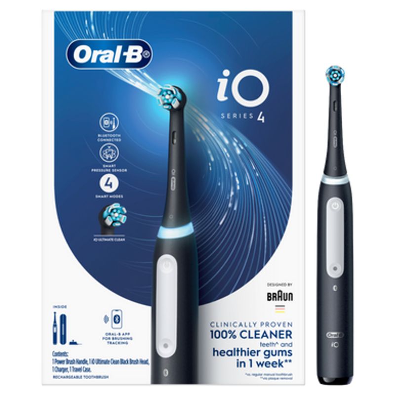 Sleek black electric toothbrush with AI coaching, Smart Pressure Sensor, and 4 personalized modes for optimal oral care.