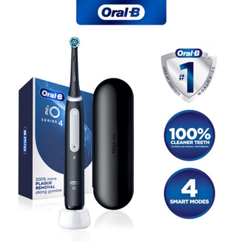 Oral-B iO Series 4 Electric Toothbrush in Black Onyx, featuring AI coaching and 4 brushing modes for optimal oral care.