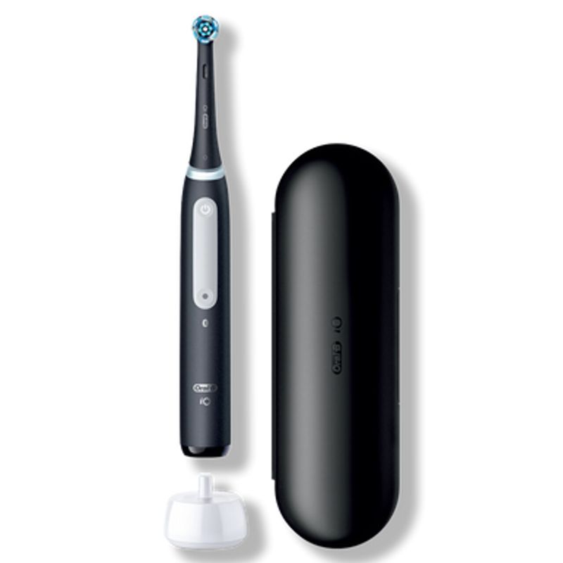 Electric toothbrush in sleek Black Onyx, featuring AI coaching, micro-vibrating bristles, and Smart Pressure Sensor technology.