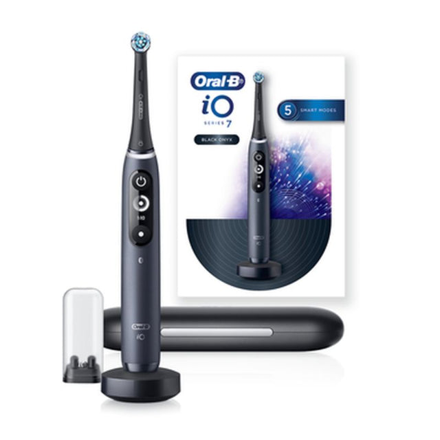 Braun Oral-B iO Series 7 electric toothbrush in Black Onyx with smart AI, pressure sensor, and round brush head for optimal oral care.