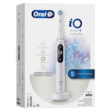 Braun Oral-B iO Series 7 electric toothbrush in Black Alabaster White, featuring AI guidance, smart pressure sensor, and powerful micro-vibrations.