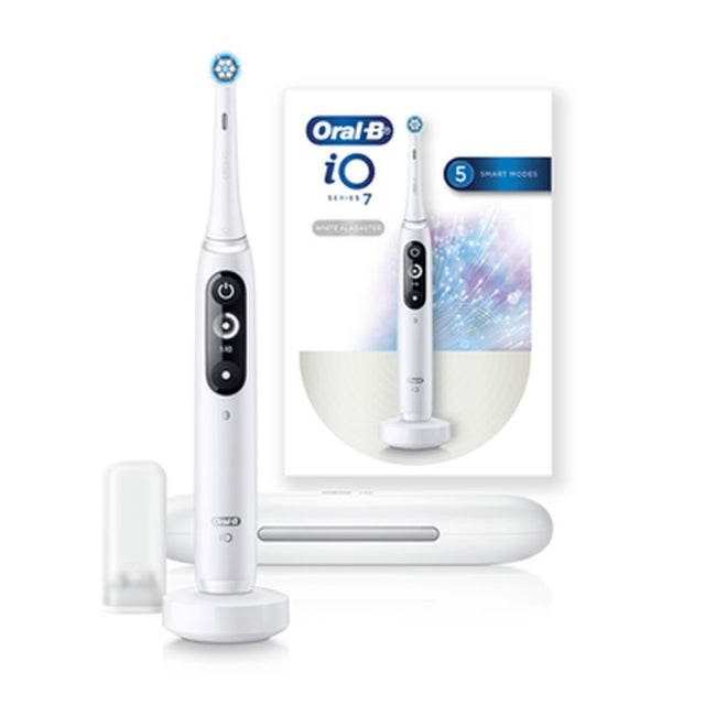 Braun Oral-B iO Series 7 Electric Toothbrush in Black Alabaster White with smart pressure sensor and AI display for optimal cleaning.