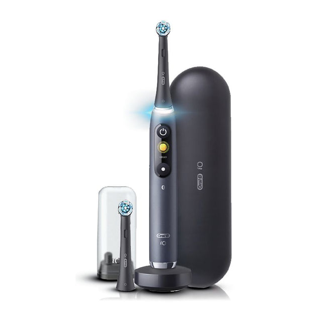 Oral-B iO Series 9 Electric Toothbrush in Black Onyx, featuring AI tracking, smart modes, and a dentist-inspired round head design.