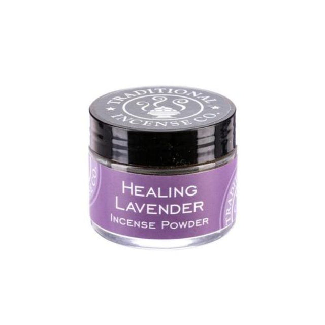 Healing Lavender Incense Powder in a 20g glass jar, offers a calming floral aroma for relaxation and meditation.