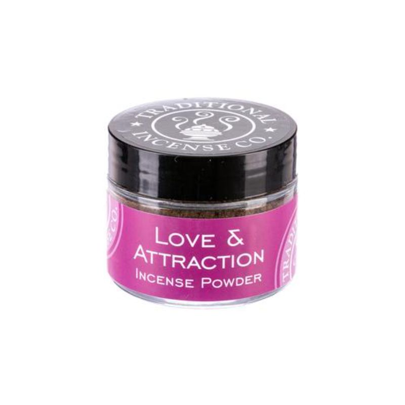 Love & Attraction Incense Powder in a 20gm jar, featuring sandalwood and herbs for spiritual rituals and romantic settings.