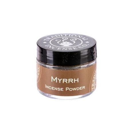 Myrrh incense powder in a 20gm glass jar, ideal for meditation and creating a calming atmosphere with its rich aroma.