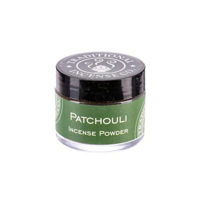 Glass jar of 20gm Patchouli Incense Powder by Smartfox NZ, offering a rich earthy aroma for meditation and relaxation.