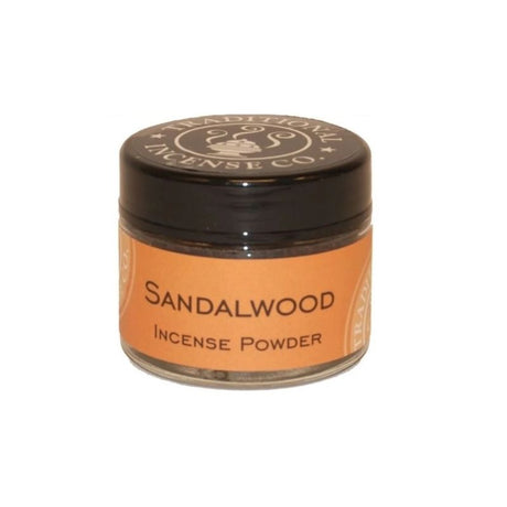 Sandalwood incense powder in a 20gm glass jar, perfect for rituals, meditation, and creating a tranquil atmosphere.