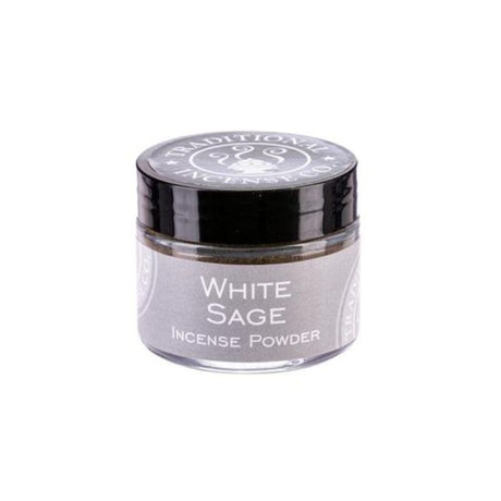 White Sage Incense Powder in a 20gm jar; purifying aroma for cleansing spaces and promoting tranquility.