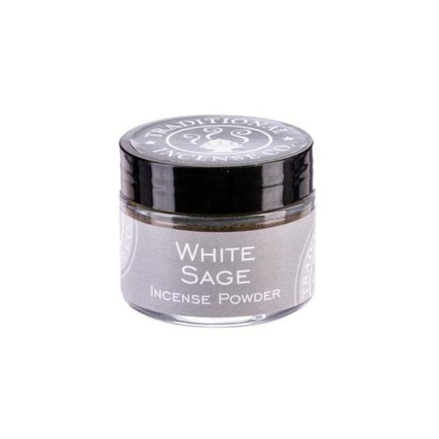 White Sage Incense Powder in a 20gm jar; purifying aroma for cleansing spaces and promoting tranquility.