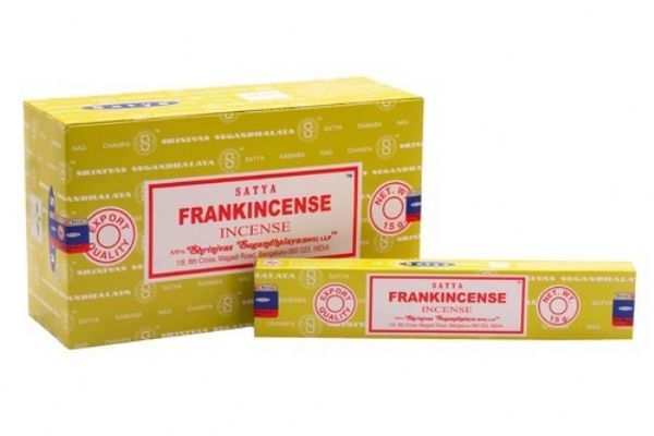 Satya Frankincense incense pack featuring 12 aromatic 15gm packets, ideal for meditation and relaxation.