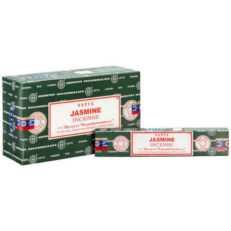 Pack of 12 Satya Jasmine incense sticks, infused with sweet floral notes for meditation and relaxation.