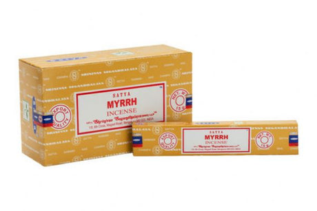 Aromatic packets of Satya Myrrh incense, 15g each, for creating a tranquil and relaxing atmosphere at home.