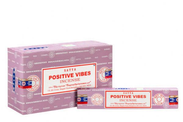 A collection of 12 packets of Satya Positive Vibes Incense, ideal for meditation and enhancing home ambiance with uplifting fragrance.