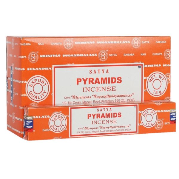 A 15gm box of Satya Pyramids Incense, featuring soothing aromas to enhance meditation and promote spiritual harmony.