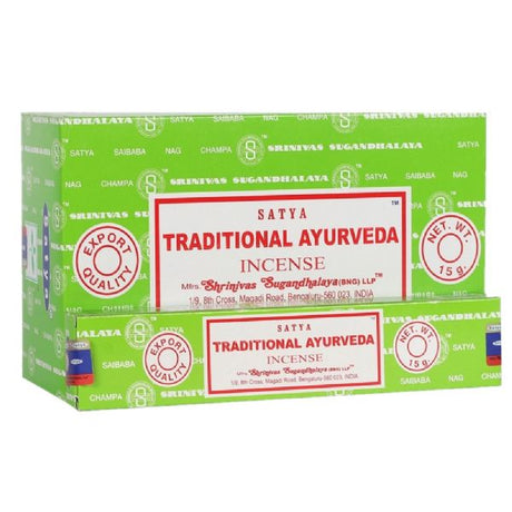 Hand-rolled Satya Traditional Ayurveda Incense sticks in a 15g pack, promoting tranquility and healing with calming aromas.