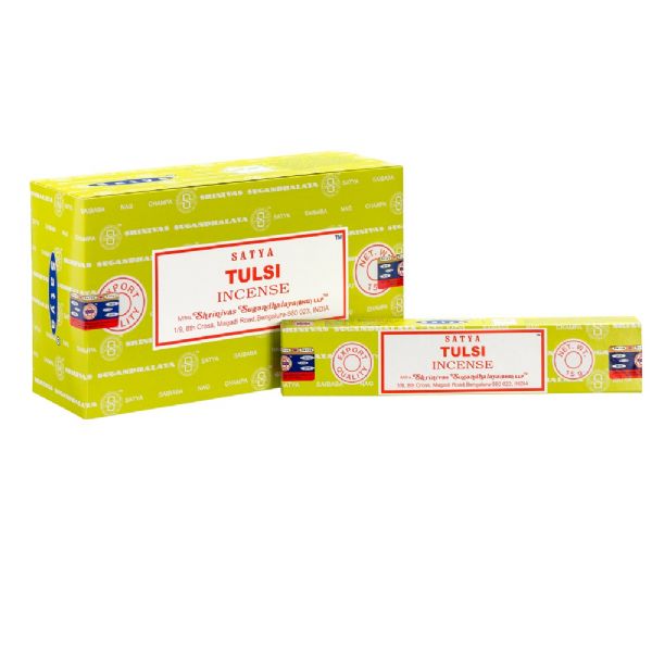 Aromatic Satya Tulsi Incense sticks in a 15gm packet, ideal for meditation and creating a peaceful ambiance at home.