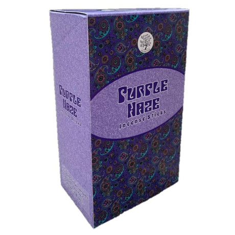 Hand-rolled Sacred Tree Purple Haze incense powder in a 15gm packet, creating a tranquil and refreshing aromatic experience.