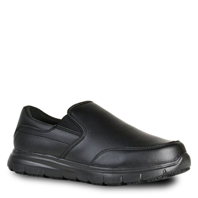 Slip-on jogger in black, UK size 9, featuring slip-resistant sole for safety and comfort in various work environments.