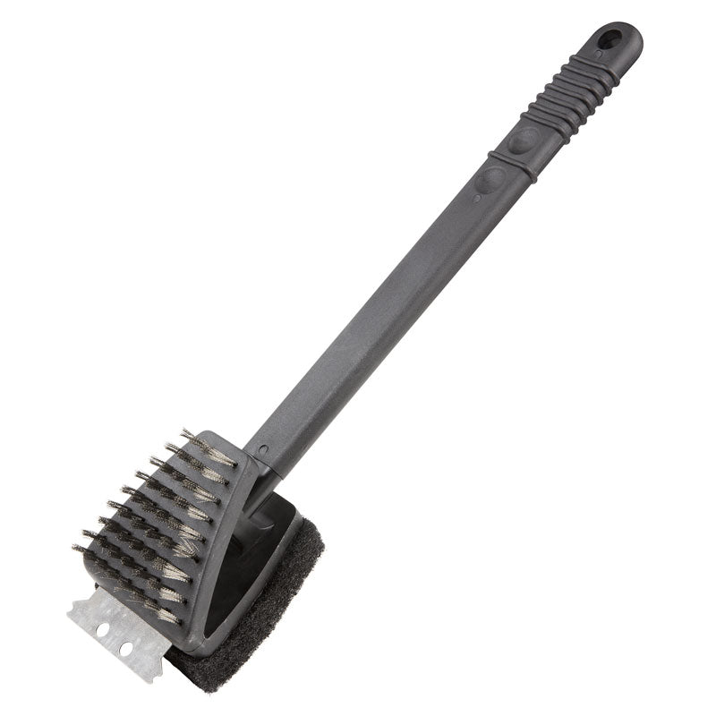 3-in-1 BBQ Brush featuring a scourer, bristles for grills, and a scraper for tough food buildup. Ideal for barbecue cleaning.