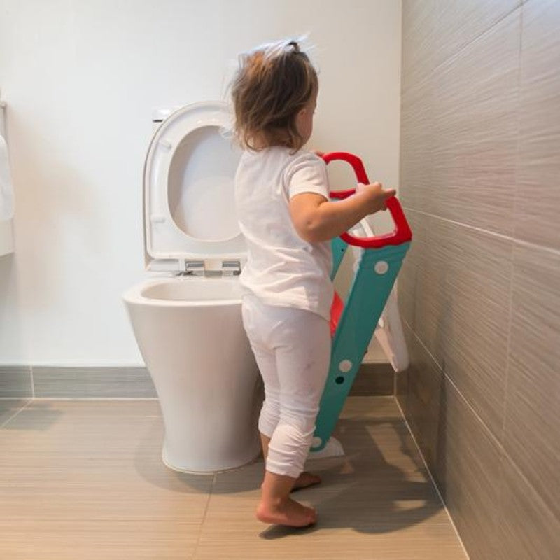 Aqua and red potty training stool for toddlers with non-slip pads, solid design, and easy storage for independent use.