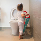 Aqua and red potty training stool for toddlers with non-slip pads, solid design, and easy storage for independent use.