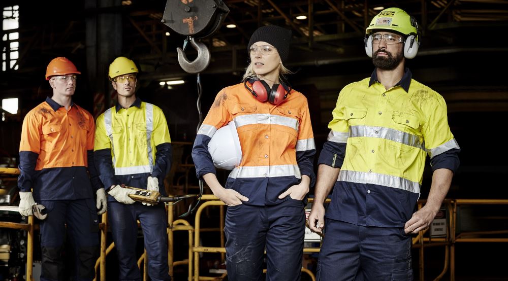 Women's Hi-Vis Spliced Industrial Shirt in yellow and navy, featuring reflective tape, breathable mesh vents, and a feminine fit.