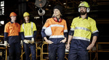 Women's Hi-Vis Spliced Industrial Shirt in orange and navy with reflective tape, breathable cotton, and two chest pockets.