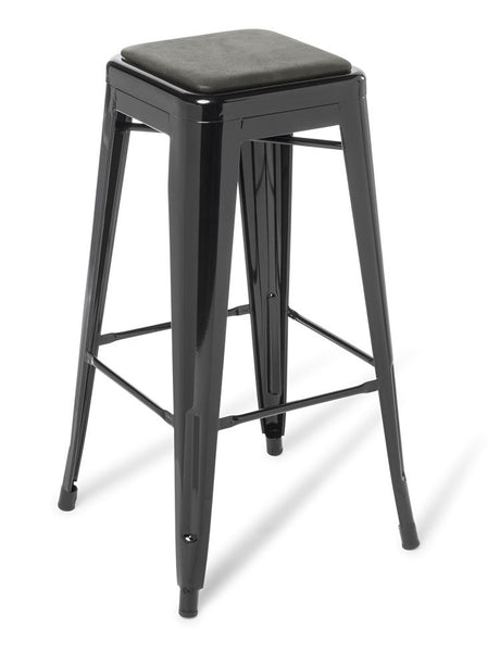 Sleek black bar stool with sturdy steel frame, stackable design, and comfortable height, perfect for contemporary spaces.