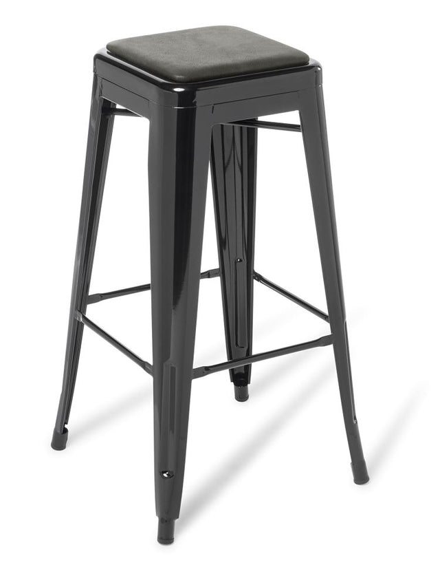Sleek black bar stool with sturdy steel frame, stackable design, and comfortable height, perfect for contemporary spaces.