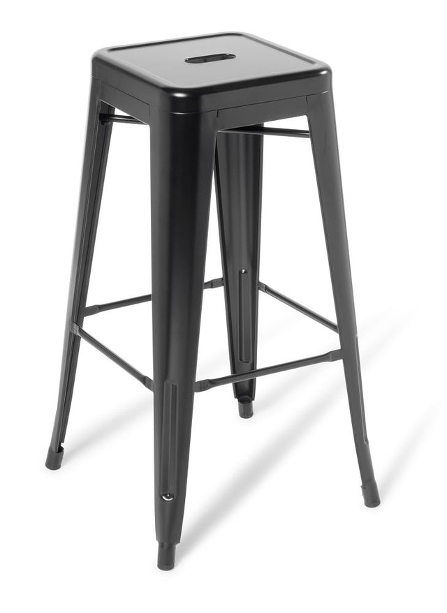 Stylish black bar stool featuring a sturdy steel frame, stackable design, and a seat height of 760mm for versatile use.