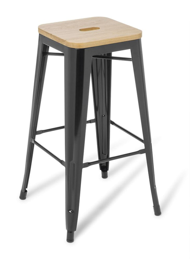 Sleek black timber bar stool with steel frame, stackable design, 760mm seat height, perfect for modern spaces.