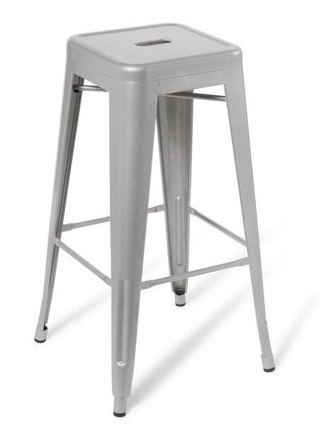 Sleek silver bar stool with a sturdy steel frame, stackable design, and modern industrial style, perfect for any space.