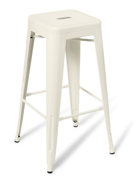 White Industry Bar Stool featuring a sturdy steel frame, stackable design, and modern minimalist aesthetics for dining and commercial use.