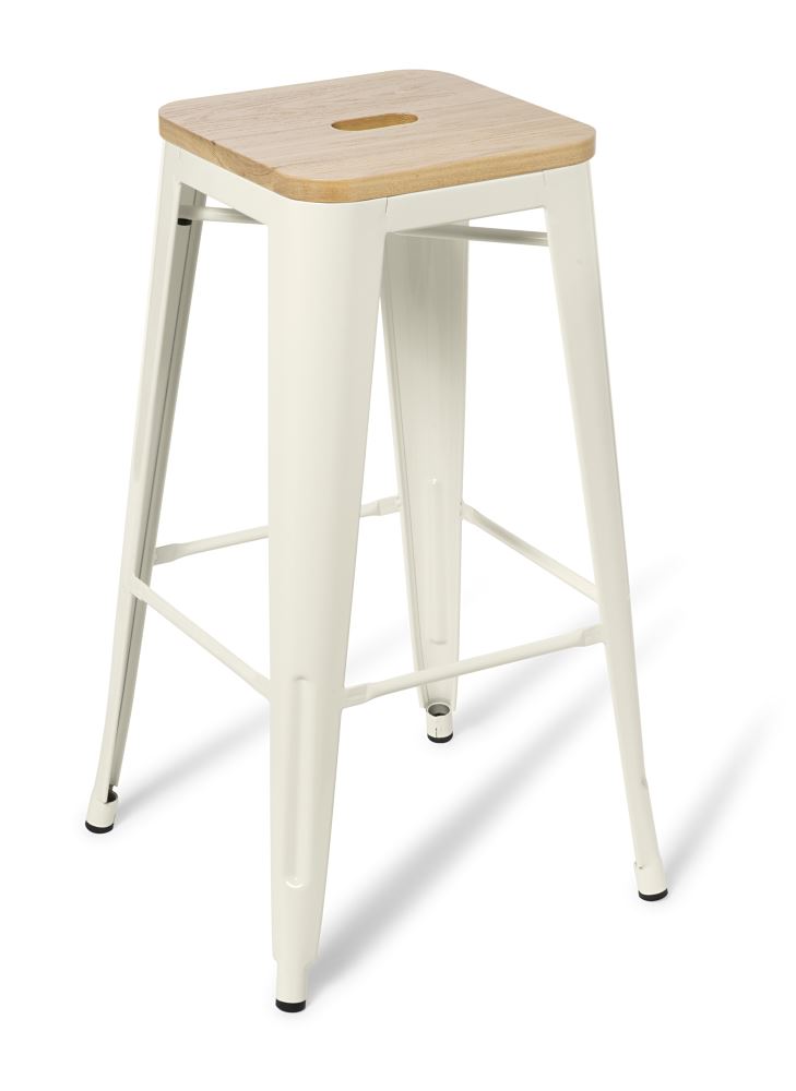 White timber bar stool with a sturdy steel frame, ideal for kitchens and home bars, offering elegance and space-saving features.