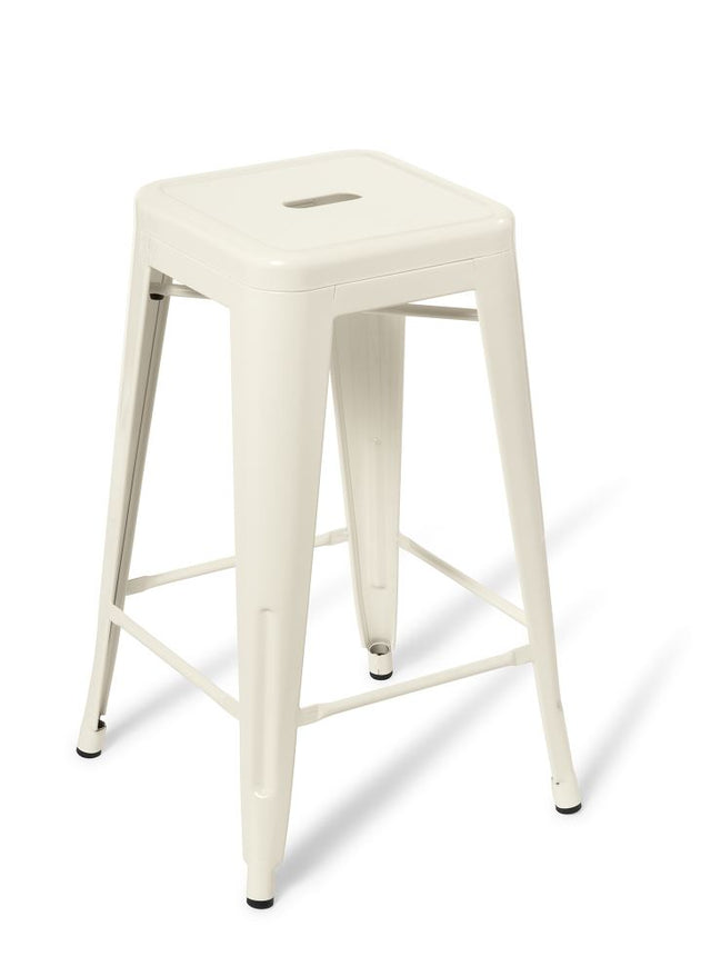 Stylish white kitchen stool with a sturdy steel frame, stackable design, and 660mm seat height, perfect for contemporary homes.