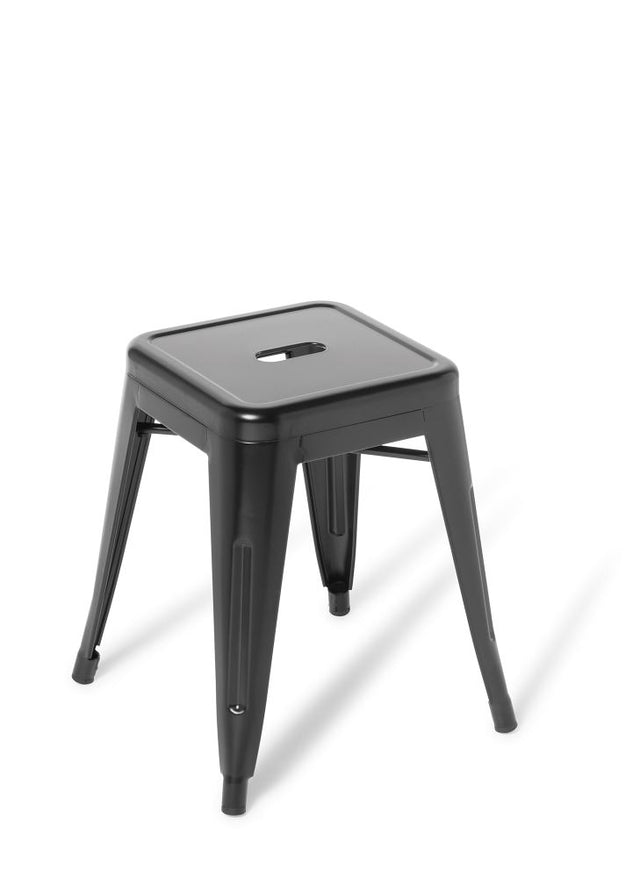 Stylish black low stool with a sleek steel frame, stackable design, and 457mm seat height for modern spaces.